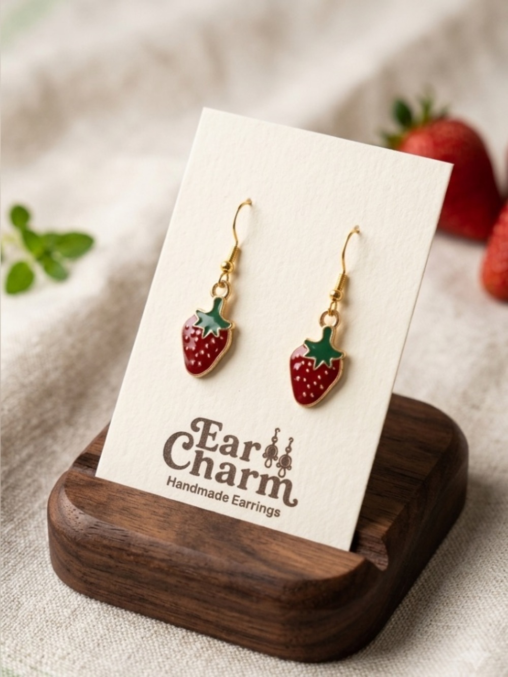 Gold Strawberry Dangle Earrings - Red & Green - New